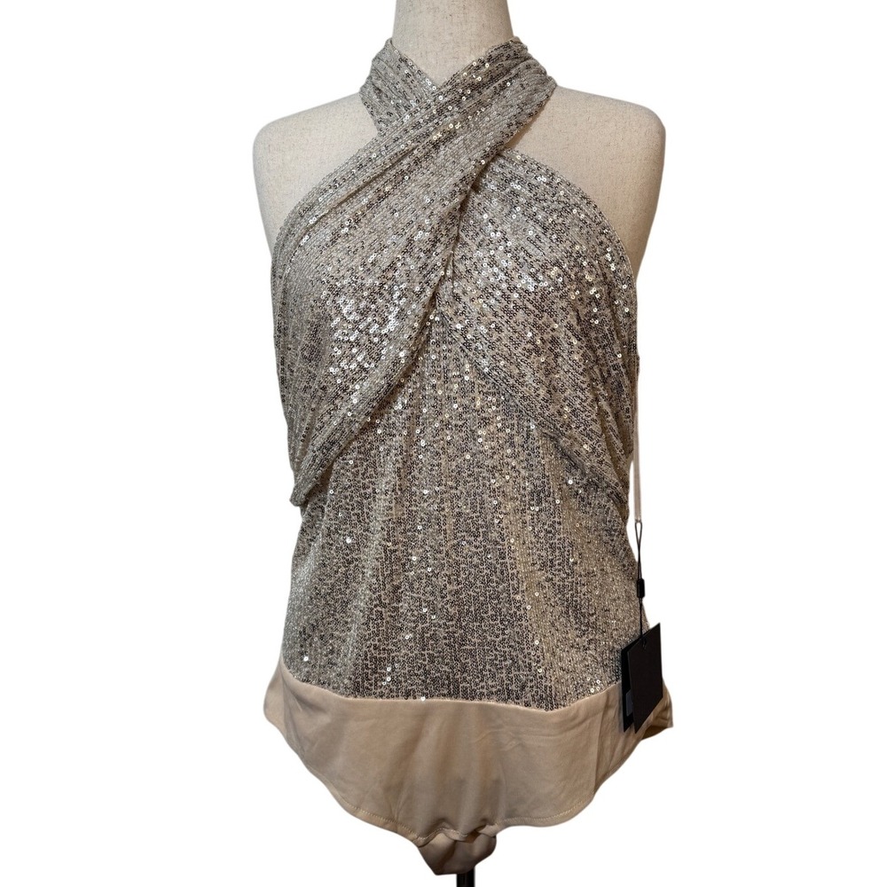 IEENA for Mac‎ Duggal Sequin Halter Bodysuit Sleeveless Backless Women's Size L